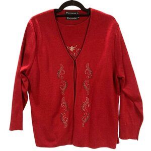 Horrena Red Knit Cardigan Sweater Set, Size XXL, Embroidery‎ Rhinestones NEW